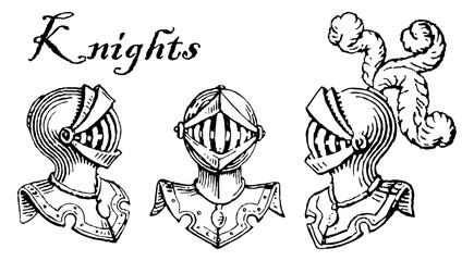 Outline hand drawn heads of medieval knights in armor, vector illustration isolated on white