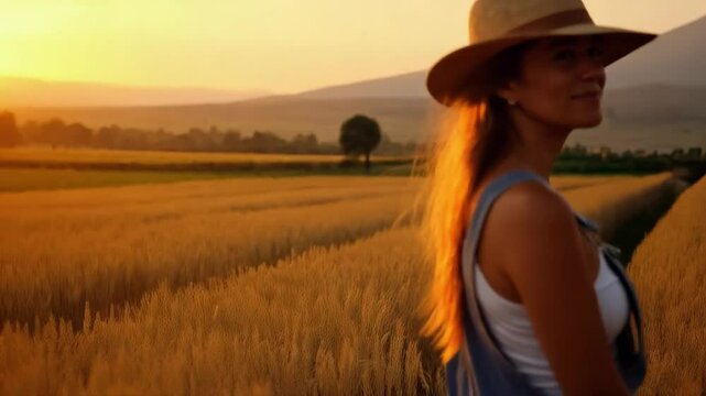 Mujer agricultora sonriente en campo de trigo al atardecer