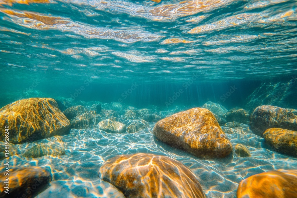 Aufkleber underwater view of rocks and sunlight filtering through water in a serene aquatic environment