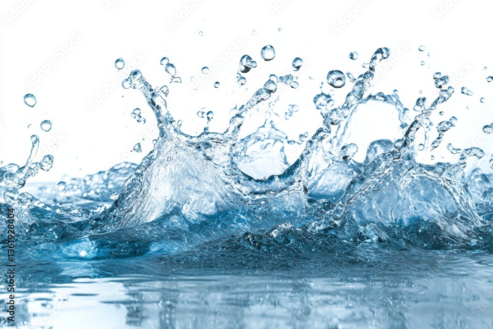 Poster Water splashes create intricate patterns in bright light during daytime near a calm surface
