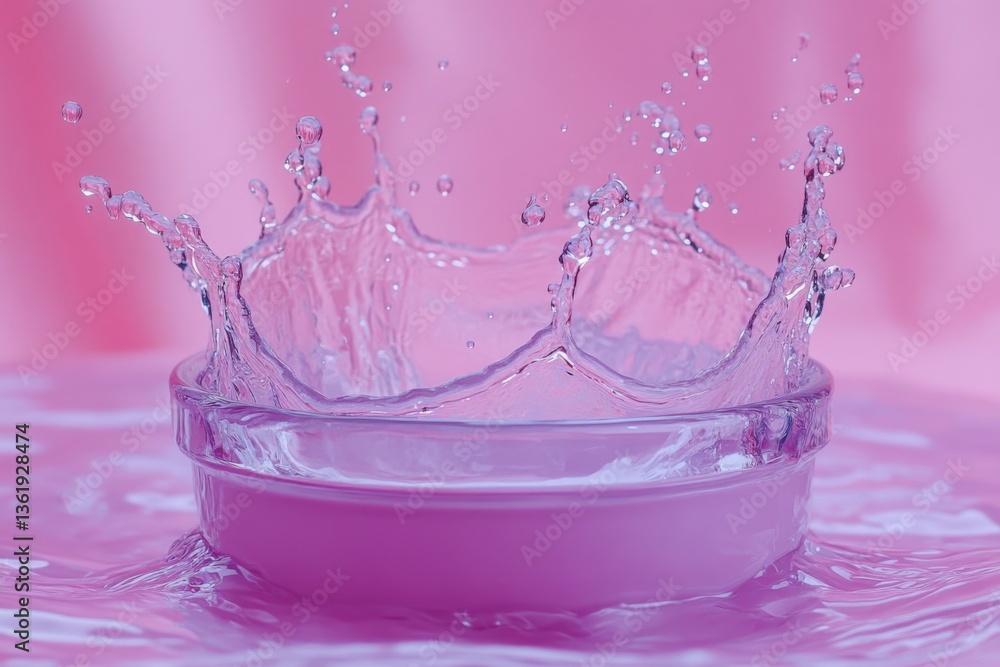 Aufkleber water splashes dramatically from a clear bowl against a pink background creating an eye-catching vis
