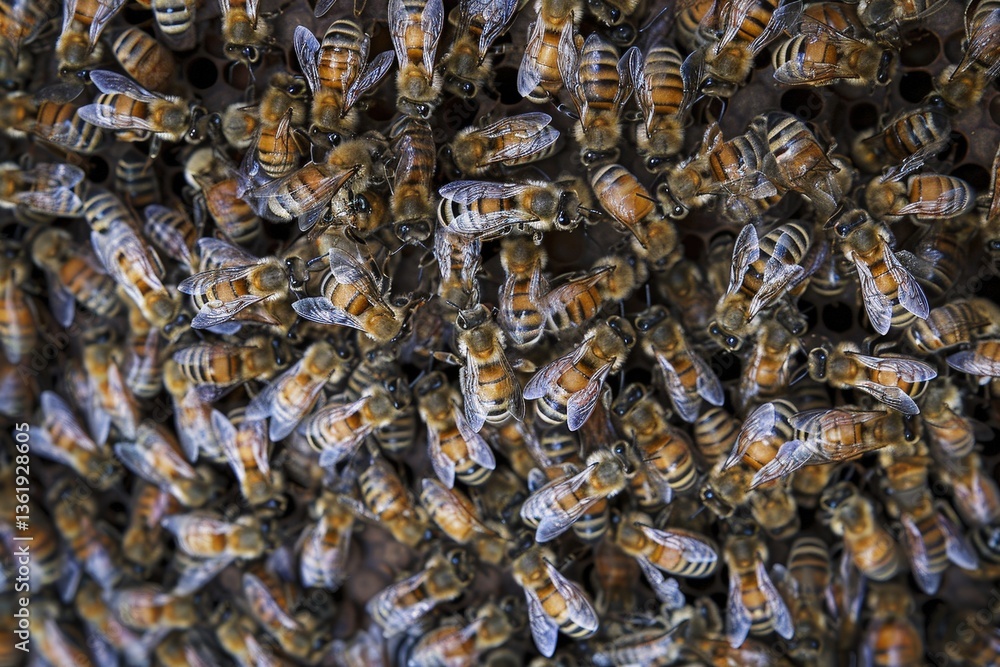 Poster a close-up view of a busy hive filled with numerous honeybees, showcasing their intricate patterns a