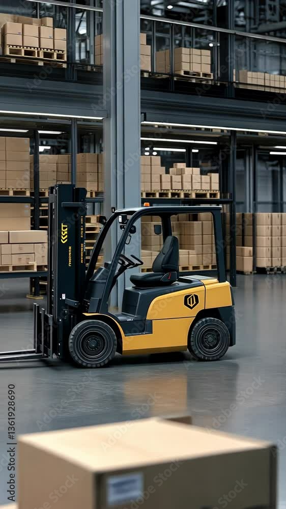 Poster forklift operating in a spacious warehouse with stacked boxes and organized shelving for efficient i