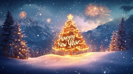 A snowy mountainside holiday background with a large Christmas tree lit with warm lights.