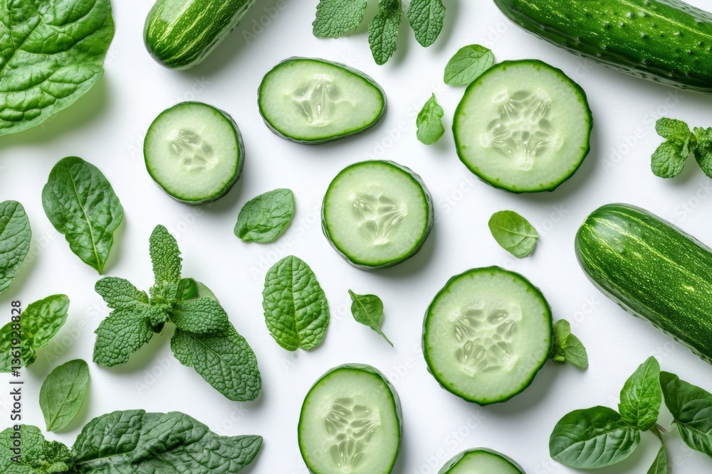 Aufkleber fresh cucumbers and mint leaves arranged creatively on a white surface highlight vibrant natural col