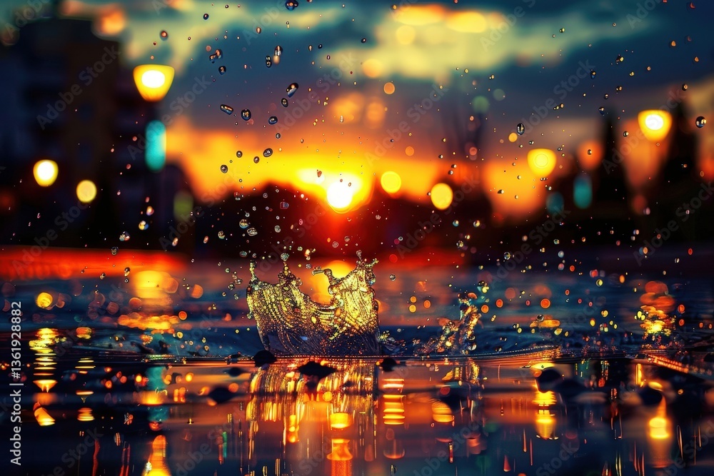 Poster a vibrant sunset reflects on water, with splashes creating mesmerizing patterns and bokeh lights enh