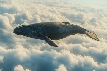 Fototapeta premium Majestic whale swimming among clouds in surreal sky. AI image