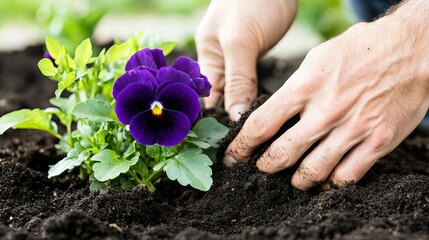 Hands planting purple pansy flower in garden soil close-up
