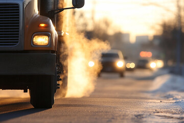 Diesel truck engine test conducted in urban setting while emitting smoke during sunset