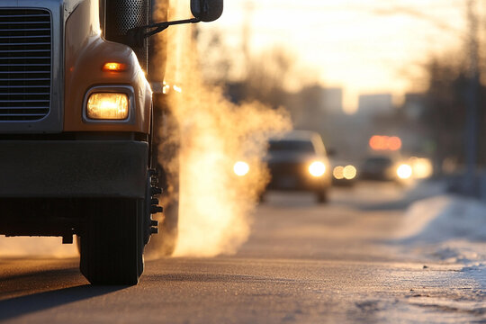 Diesel truck engine test conducted in urban setting while emitting smoke during sunset