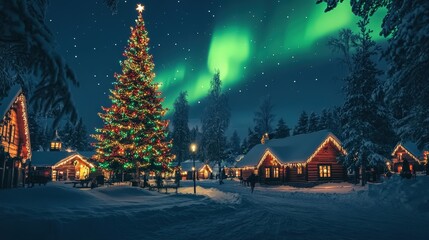 Naklejka premium A snowy village is highlighted by a central Christmas tree, aglow with colorful lights that reflect on the surrounding snow.