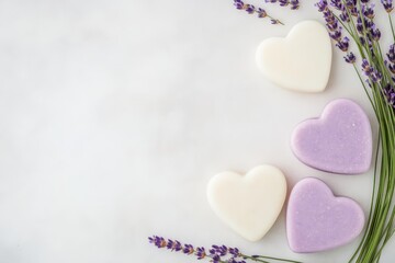 Obraz premium Heart Shaped Lavender Soap Bars with Fresh Purple Flowers on Light Background for Spa and Wellness