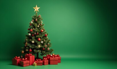 Festive Christmas tree gleams brightly against a rich green backdrop presents surround its base creating a joyful holiday scene. AI Generated