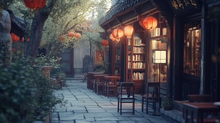 Naklejka premium Serene alleyway adorned with lanterns, showcasing a cozy bookstore amidst nature