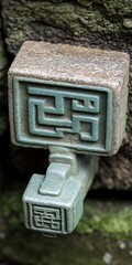 Sculpted stone artifact with geometric maze symbol against rough rock surface