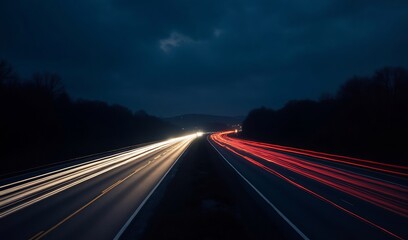 Fototapeta premium Night highway streaks light trails dynamically across the frame creating a powerful sense of movement and speed.. AI Generated