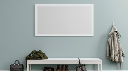 A white rectangular frame displayed above a hallway bench, with a jacket, a bag, and a pair of shoes underneath. HD 8K mockup wallpaper Photographic Image