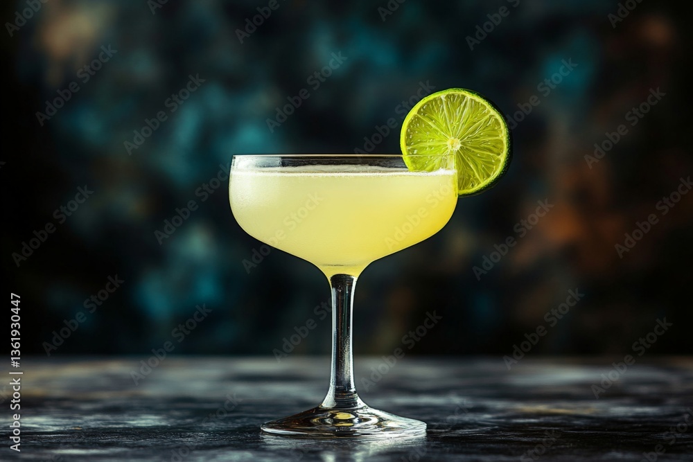 Poster cocktail garnished with lime slice served in a elegant glass on a textured surface in a dimly lit se