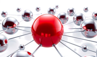 Red sphere powerfully connects silver spheres in a vibrant network illustration. AI Generated