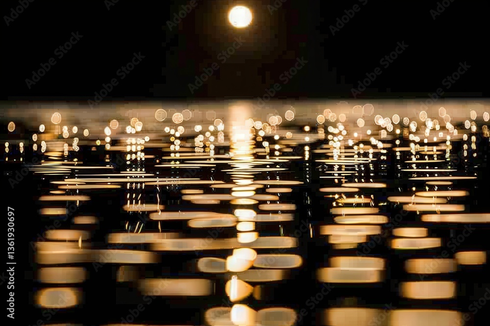 Poster a serene scene of shimmering water reflecting moonlight, with a bokeh effect creating a dreamy atmos