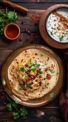 Delicious Indian breakfast featuring paratha with potato, chaat, yogurt, and spices served on a rustic wooden table