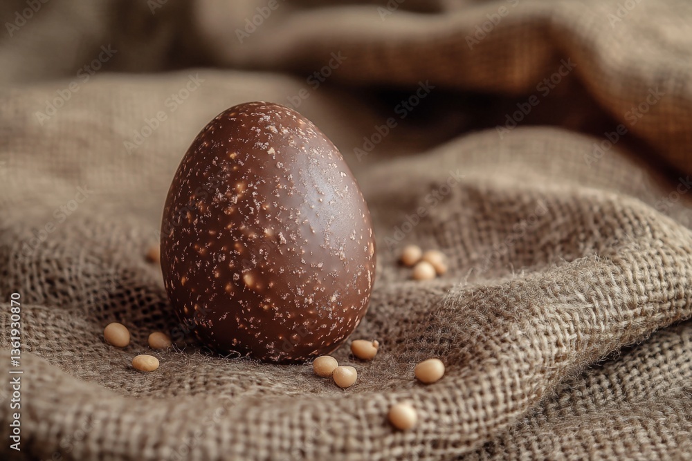 Poster Chocolate egg on textured fabric surrounded by small seeds on a rustic table