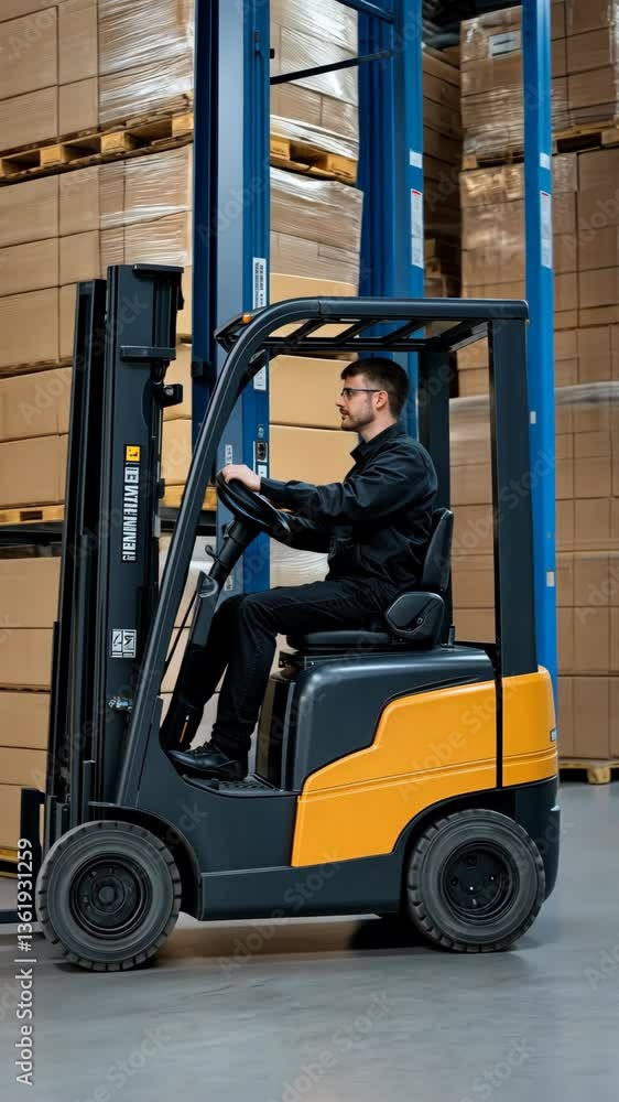 Poster warehouse worker operates forklift to organize pallets and improve storage efficiency during busy di