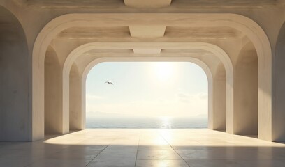 Fototapeta premium Serene sunrise illuminates minimalist arched hallway leading to tranquil ocean vista. AI Generated