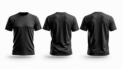Blank black t-shirt mockup template. Front back views for design presentation. Modern apparel clothing. Ideal for branding advertising promotional visuals.