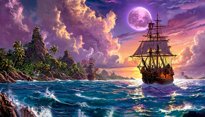 Fototapeta premium A pirate adventure in a storm of a large ship in a sea bay, the ship is heading towards the shore of a tropical island, a cinematic plot with the abyss.