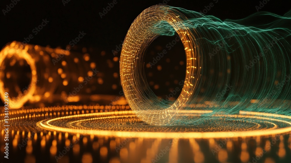 Poster a wire loop creating a circular magnetic field, visualized with glowing energy waves