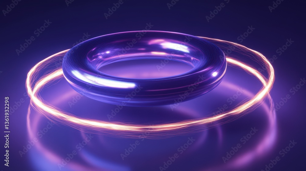 Poster a wire loop creating a circular magnetic field, visualized with glowing energy waves