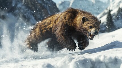 Obraz premium A wolverine dashing across the snow, its powerful body designed for survival in the harsh mountain climate