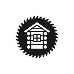 Log wooden house icon and logo and circular saw blade. Isolated vector illustration on white background.