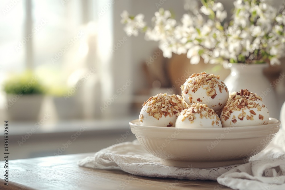 Poster delicious dessert balls topped with nuts displayed on a table in a bright kitchen setting