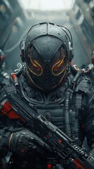 Fototapeta premium Futuristic Warrior in Armored Suit with Advanced Weaponry and Detail