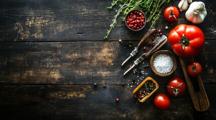 Cooking ingredients with tomatoes, spices and chili on dark wooden board
