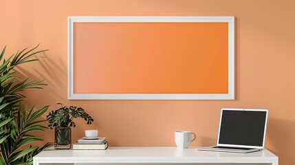 A white rectangular frame displayed above a home office desk with a laptop, a coffee cup, and a small stack of books. HD 8K mockup wallpaper Photographic Image
