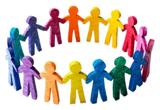 Community gathering of colorful figures in a circle symbolizing unity isolated on transparent background