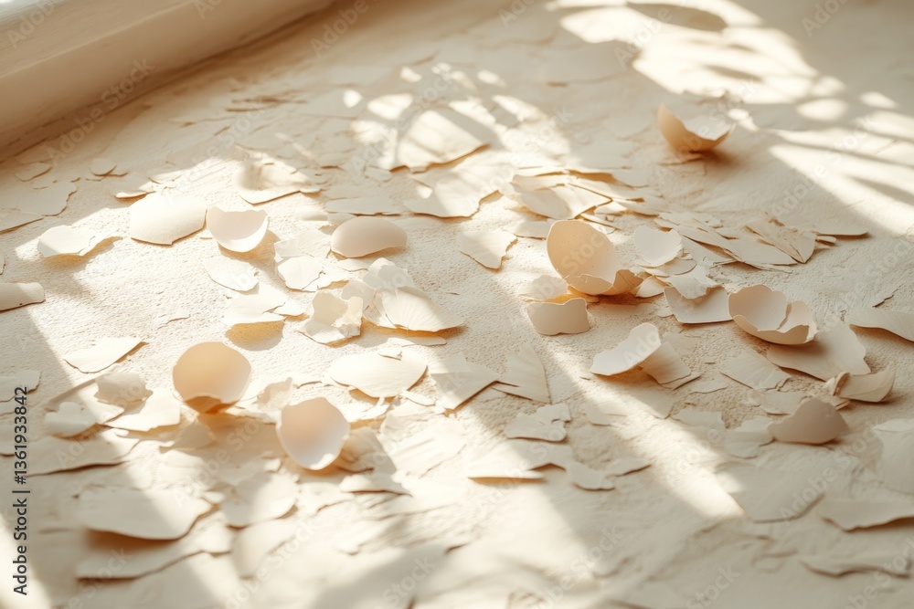 Poster Eggshell fragments scattered on a light surface creating a textured pattern in a sunlit room