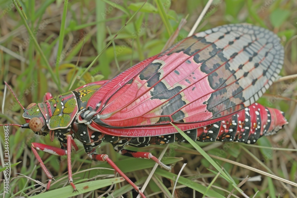 Poster a vividly colored insect with large wings, displaying intricate patterns and a striking combination 