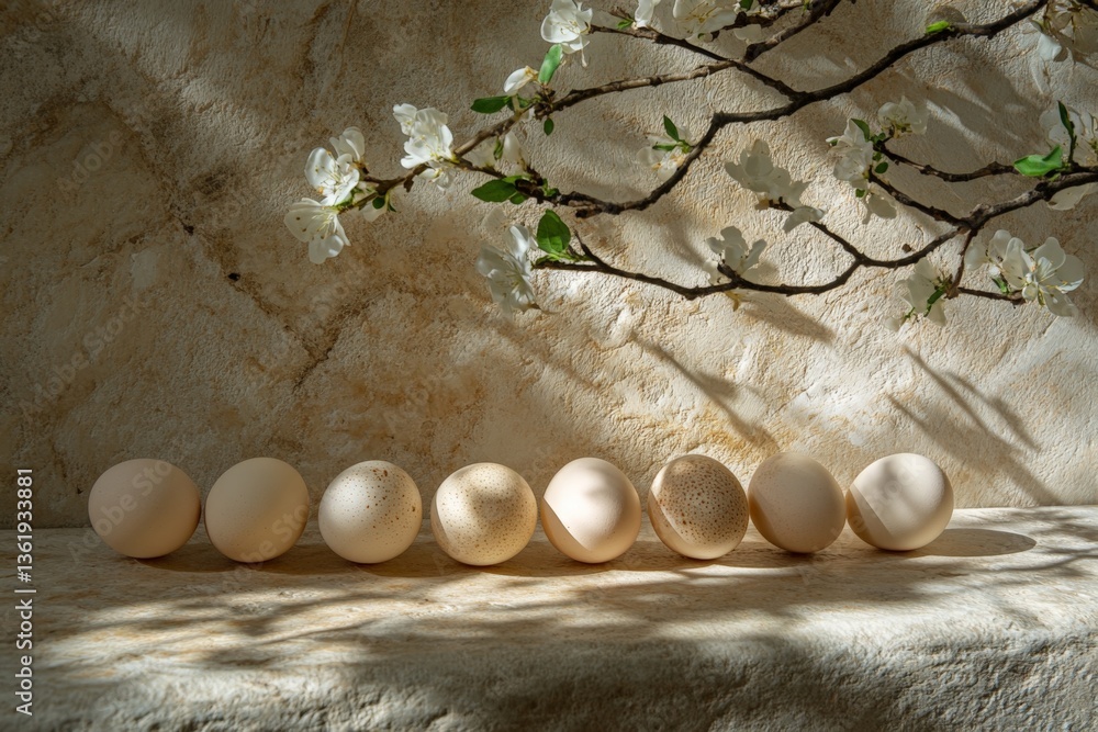 Poster Display of assorted eggs arranged in a line with flower branches casting soft shadows in a serene setting