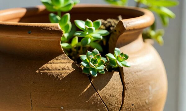 Succulent plant growing from broken terracotta pot in sunlight