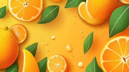 Vibrant arrangement of fresh oranges and leaves on a bright yellow background, showcasing juicy fruit and droplets