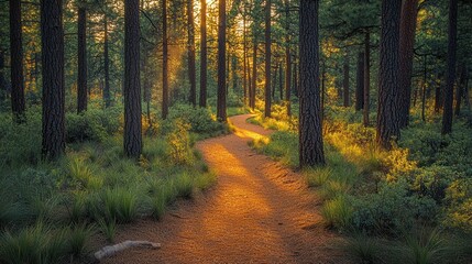 Fototapeta premium Sunlit path winding through a pine forest at sunset.