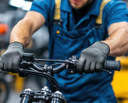 Factory process with workers inspecting and adjusting handlebars in the final assembly stage