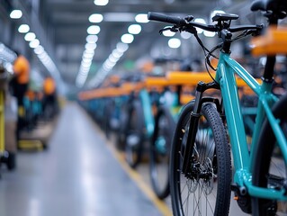A modern bicycle factory showcasing an organized process for producing electric bikes