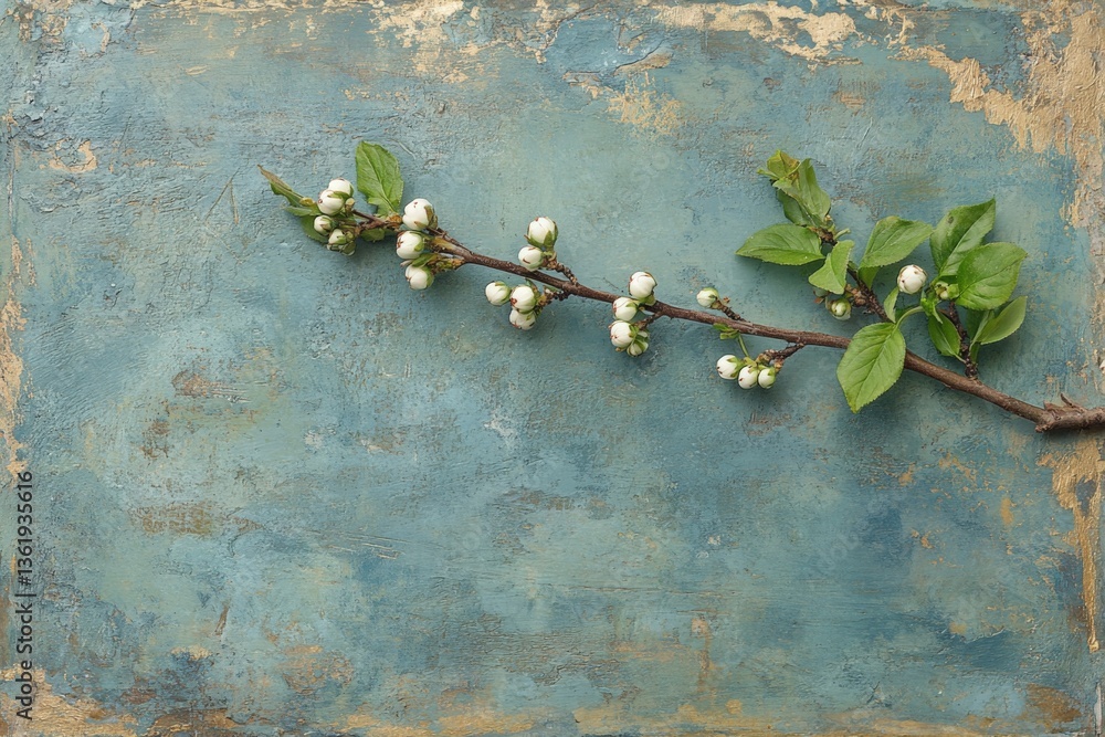 Poster delicate branch with white flowers against a textured blue background in a serene setting