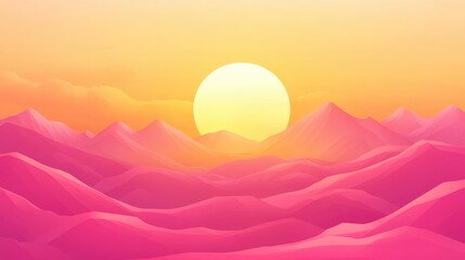 Vibrant sunset over stylized pink mountains with soft clouds, creating a serene landscape atmosphere