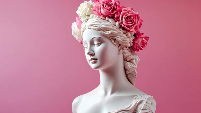 Elegant marble statue adorned with vibrant roses against a soft pink background showcasing beauty and artistry in a contemporary setting